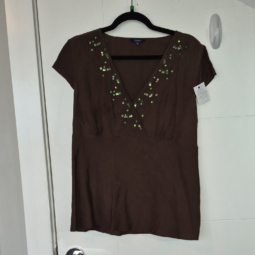 Reitmans Brown V-Neck Top with Green Sequin Detail